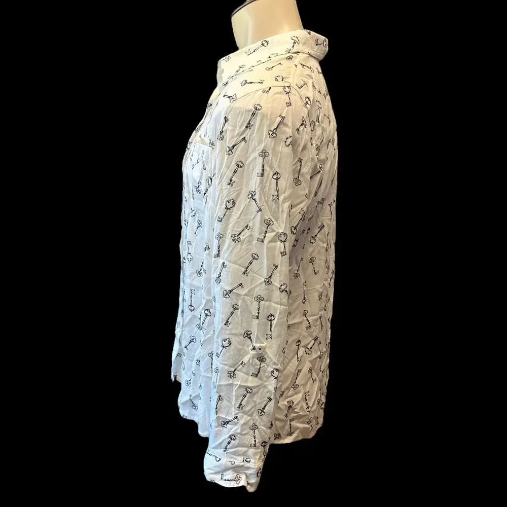 Dress Barn Blouse Womens XL Silver Key Fancy Button Down Collar Art to Wear